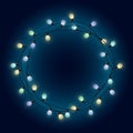 Light lamps garland wreath, front door fairy lights wreath, round place for text with shining bulbs, lighting bounding box and bor