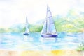 Light landscape watercolor. Picture with a sailboat on the river