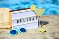 Light letterbox, hat, sunglasses and Daiquiri cocktail with lime Royalty Free Stock Photo