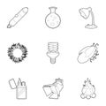 Light and lighting icons set, outline style