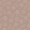 Light line drawing bakery on beige-pink background. Croissant, cupcake with cherry, donut with glaze. Seamless tasty patte Royalty Free Stock Photo