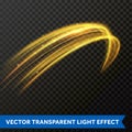 Light line gold swirl effect. Vector glitter light fire flare trace
