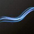 Light line neon blue wave effect. Vector glitter light fire flare trace