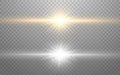 Light lines. Bright flashes set. Gold and silver rays. Glare effect on transparent backdrop. Sun with soft beams