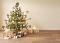 Light living room Christmas interior in Scandinavian style. Beautiful Christmas tree with gift boxes and lighting. Beige empty Royalty Free Stock Photo