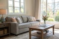 Light living room with gray sofa and large window Royalty Free Stock Photo
