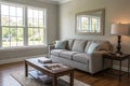 Light living room with grey sofa Royalty Free Stock Photo