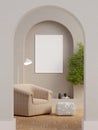 Light living room interior dresser and shelf with art decoration, mockup frame. 3d render illustration