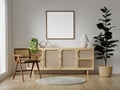 Light living room interior dresser and shelf with art decoration, mockup frame. 3d render illustration