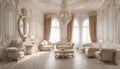 Light luxury royal posh interior in baroque style. White hall expensive oldstyle furniture.
