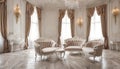 Light luxury royal posh interior in baroque style. White hall with expensive