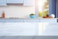 Light marble table with blurred modern blue colored kitchen set, photorealistic blurred bokeh background with copyspace Royalty Free Stock Photo