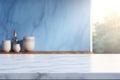 Light marble table with blurred modern blue colored kitchen set, photorealistic blurred bokeh background with copyspace Royalty Free Stock Photo