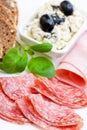 Light meal of salami, ham and feta cheese Royalty Free Stock Photo