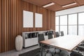 Light meeting room interior with chairs and drawer, panoramic window. Mockup frames