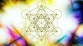 Light merkaba and Flower of life on abstract color background and fractal structure. Sacred geometry.