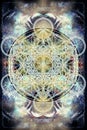 Light merkaba and Flower of life on abstract color background. Sacred geometry.