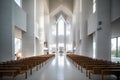 Light modern church with large windows and benches. Generative ai