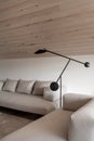 Light modern interior with sloping wooden ceiling Royalty Free Stock Photo