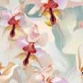 Light moire floral seamless pattern with orchids, intricate fabric textile with tropical exotic flowers, colorful whimsical design