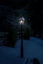 Light on in Lamp Post in a Snowy Garden in the Dark, Ireland Royalty Free Stock Photo