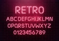 Light neon font letter set. Bar sign vector type. Glowing casino and cinema red text alphabet on brick wall background