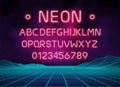 Light neon font letter set. Bar sign vector type. Glowing casino and cinema red text alphabet on brick wall background