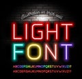 Light neon fonts on brick wall background. Vector Royalty Free Stock Photo