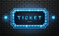 Light neon sign ticket on brick wall background