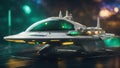 light at night _A small and agile spaceship with a white and green hull and yellow stripes. The ship has a cockpit Royalty Free Stock Photo