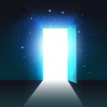 Light from the open door of a dark room, abstract mystical glowing exit open door template, background, mock up Royalty Free Stock Photo