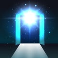 Light from open double door of dark room, abstract mystical glowing exit, background, open door template, mock up Royalty Free Stock Photo