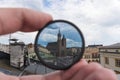 Light or optical filter with view of Church Bazylika Mariacka or towers of st.Mary`s. Top view from roof or balcony to old Krakow Royalty Free Stock Photo