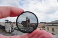 Light or optical filter with view of Church Bazylika Mariacka or towers of st.Mary`s. Top view from roof or balcony to old Krakow Royalty Free Stock Photo