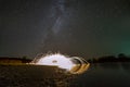 Light painting art concept. Spinning steel wool in abstract circle, firework showers of bright yellow glowing sparkles in