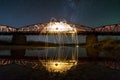 Light painting art concept. Spinning steel wool in abstract circle, firework showers of bright yellow glowing sparkles on long br
