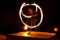 Light painting and long exposure picture of a street artist fire juggling performance. Phi Phi Island, Thailand.