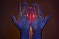 Light through the palms of your hands in ultraviolet, God and religion. Divine light through hand fingers, prophet Muhammad