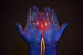 Light through the palms of your hands in ultraviolet, God and religion. Divine light through hand fingers, prophet Muhammad