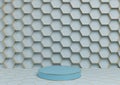 Light, pastel, baby blue 3D rendering product display podium luxurious golden honeycomb abstract background with cylinder stand