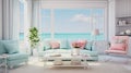 light pastel colored fresh modern living room interior with view to an ocean