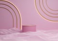 Light, pastel, lavender pink 3D rendering luxurious product display cylinder podium or stand with golden lines minimal composition