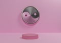 Light, pastel, lavender pink 3D rendering product display background simple, minimal with metallic Yin and yang symbol podium or Royalty Free Stock Photo