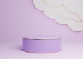 Light, pastel, lavender purple 3D rendering product display podium or stand with abstract clouds and golden lines luxurious