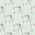 Light pastel seamless pattern with doodle house with tree ornament. Soft blue palette stylized artwork Royalty Free Stock Photo