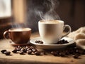 Light photo, in white and beige tones. Cup of hot coffee with steam on a wooden background. Coffee beans. Cozy homely Royalty Free Stock Photo