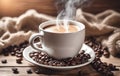 Light photo, in white and beige tones. Cup of hot coffee with steam on a wooden background. Coffee beans. Cozy homely Royalty Free Stock Photo