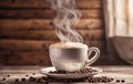 Light photo, in white and beige tones. Cup of hot coffee with steam on a wooden background. Coffee beans. Cozy homely Royalty Free Stock Photo