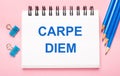 On a light pink background, light blue pencils, paper clips and a white notebook with the text CARPE DIEM Royalty Free Stock Photo