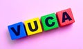 On a light pink background, multi-colored wooden cubes with the text VUCA Volatility Uncertainly Complexity Ambiguity